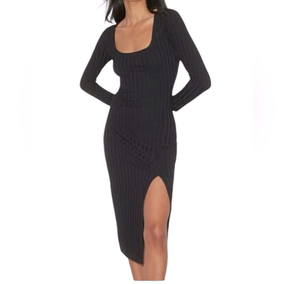 Dynamite Scoop Neck Black Ribbed Stretchy Long sleeve bodycon Midi Dress - Picture 1 of 5